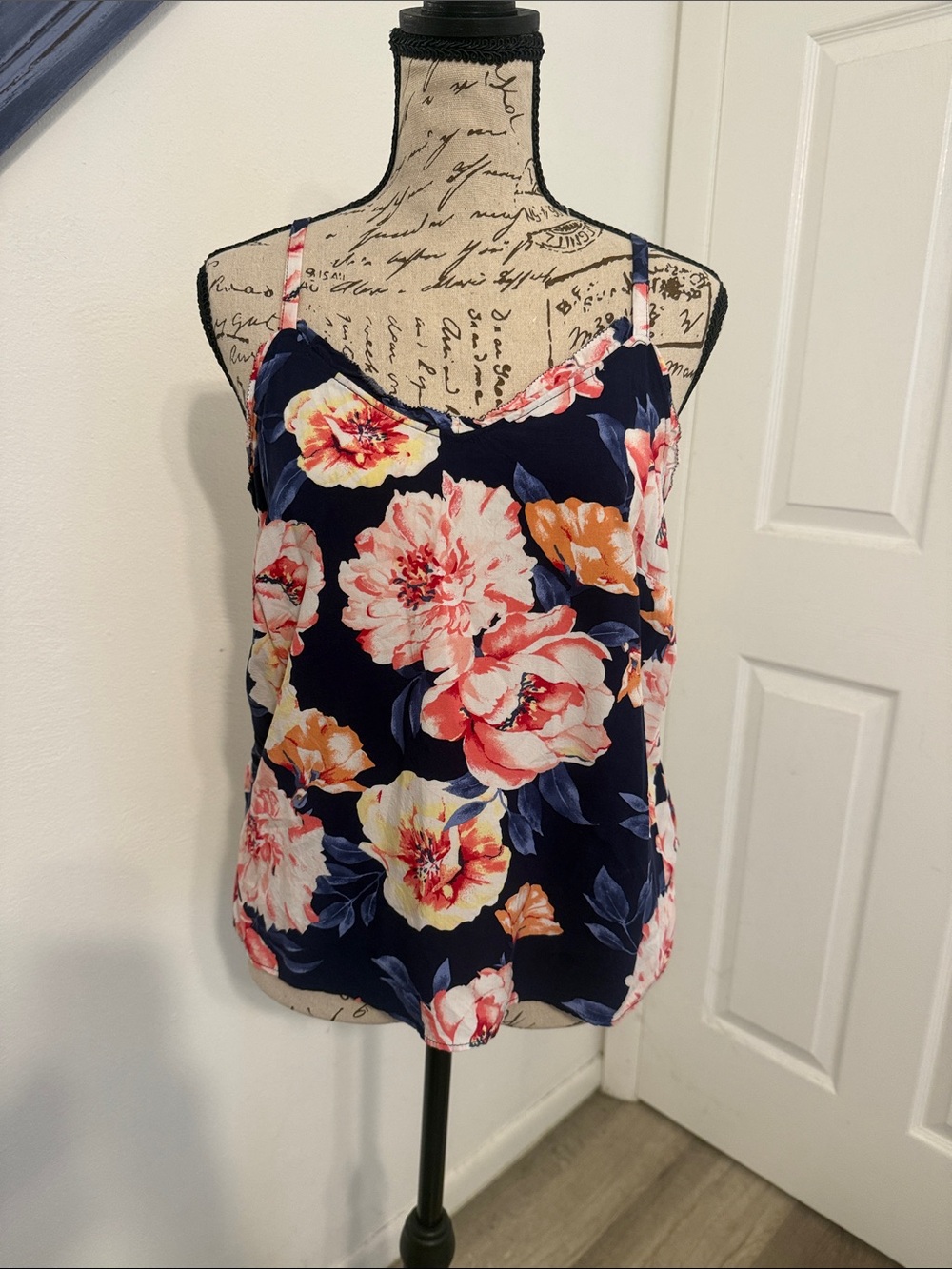 Old Navy Navy Floral Lace-Trim Cami with Pink & Coral Blooms